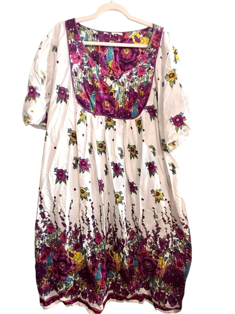 3X Floral Bib Maxi Dress White Purple Yellow Boho Prairie Cottagecore Housecoat